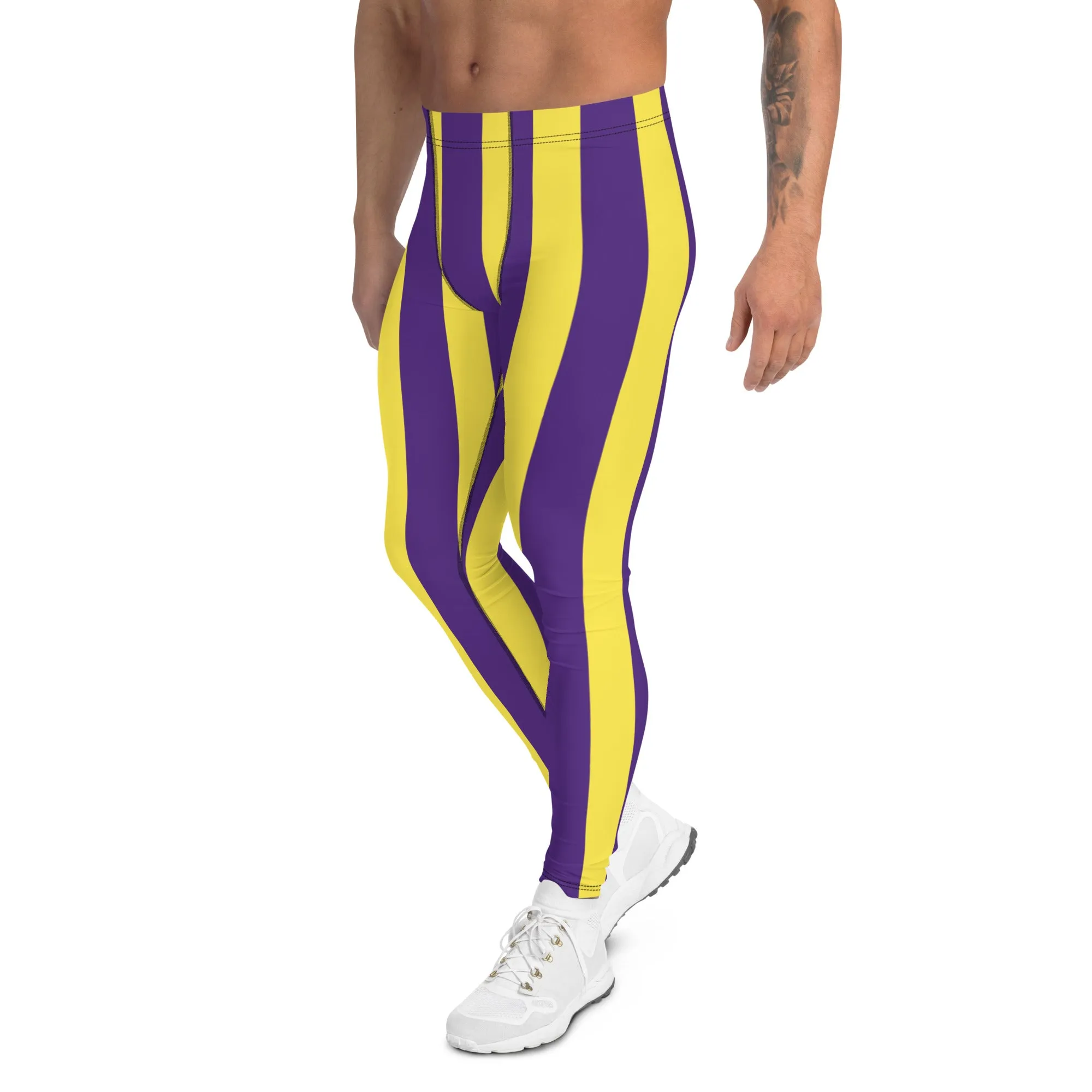 Yellow Purple Striped Men's Leggings, Vertical Striped Meggings Compression Tights For Men- Made in USA/EU/MX