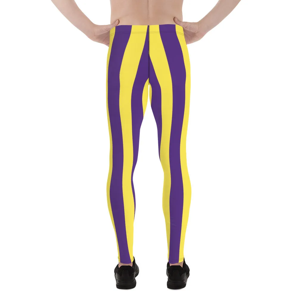 Yellow Purple Striped Men's Leggings, Vertical Striped Meggings Compression Tights For Men- Made in USA/EU/MX