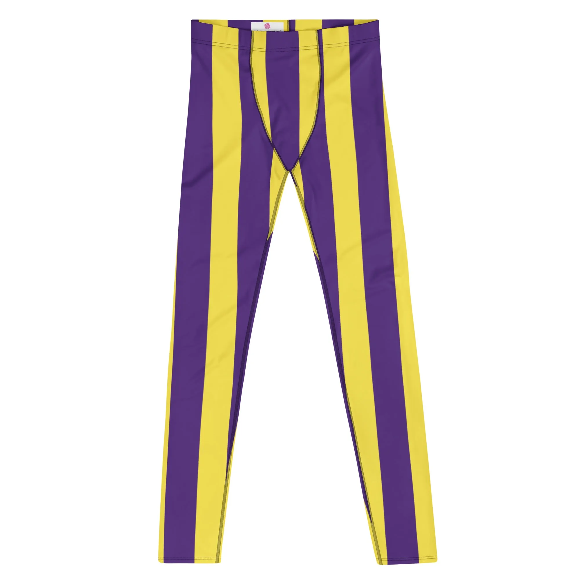 Yellow Purple Striped Men's Leggings, Vertical Striped Meggings Compression Tights For Men- Made in USA/EU/MX