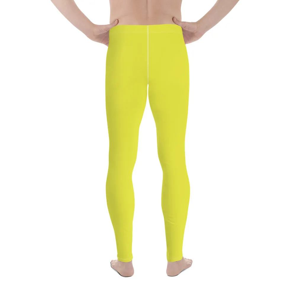 Yellow Solid Color Men's Leggings, Solid Lemon Bright Yellow Color Men's Tights Compression Pants - Made in USA/EU/MX