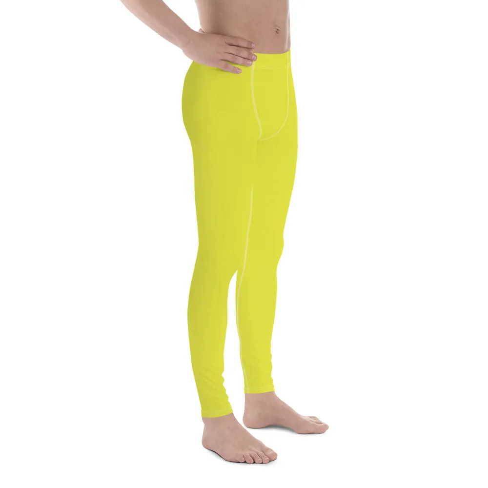 Yellow Solid Color Men's Leggings, Solid Lemon Bright Yellow Color Men's Tights Compression Pants - Made in USA/EU/MX