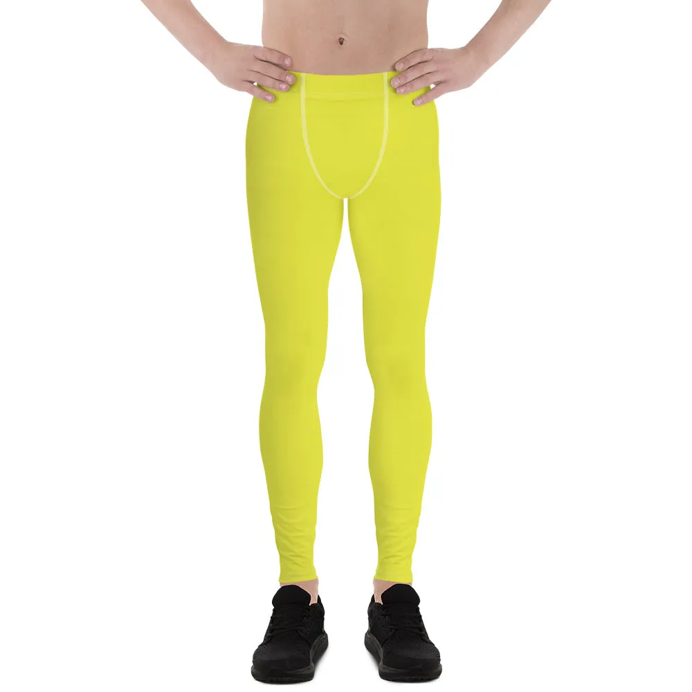 Yellow Solid Color Men's Leggings, Solid Lemon Bright Yellow Color Men's Tights Compression Pants - Made in USA/EU/MX