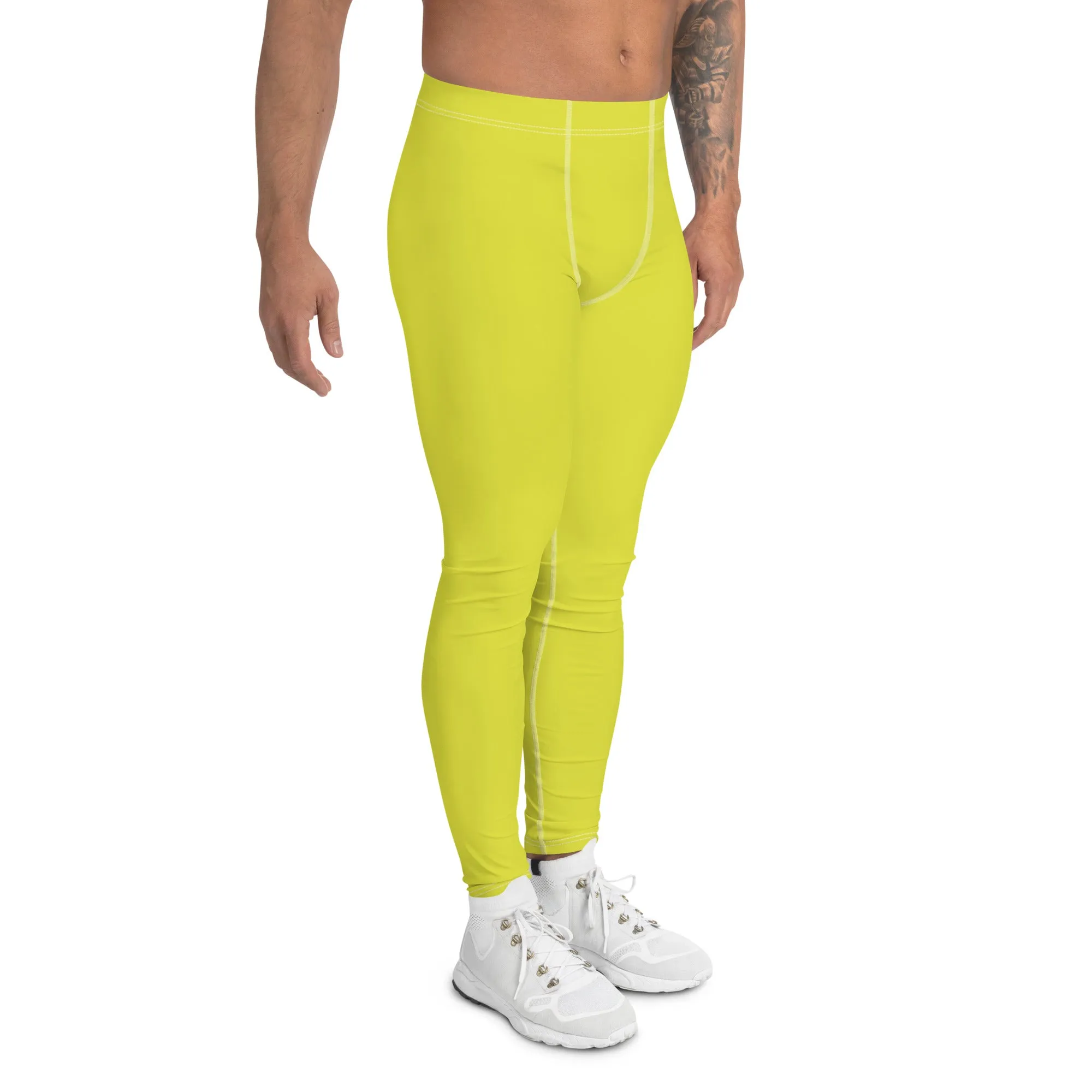 Yellow Solid Color Men's Leggings, Solid Lemon Bright Yellow Color Men's Tights Compression Pants - Made in USA/EU/MX