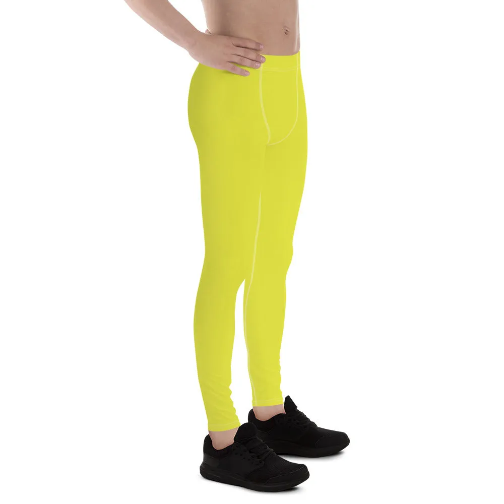 Yellow Solid Color Men's Leggings, Solid Lemon Bright Yellow Color Men's Tights Compression Pants - Made in USA/EU/MX