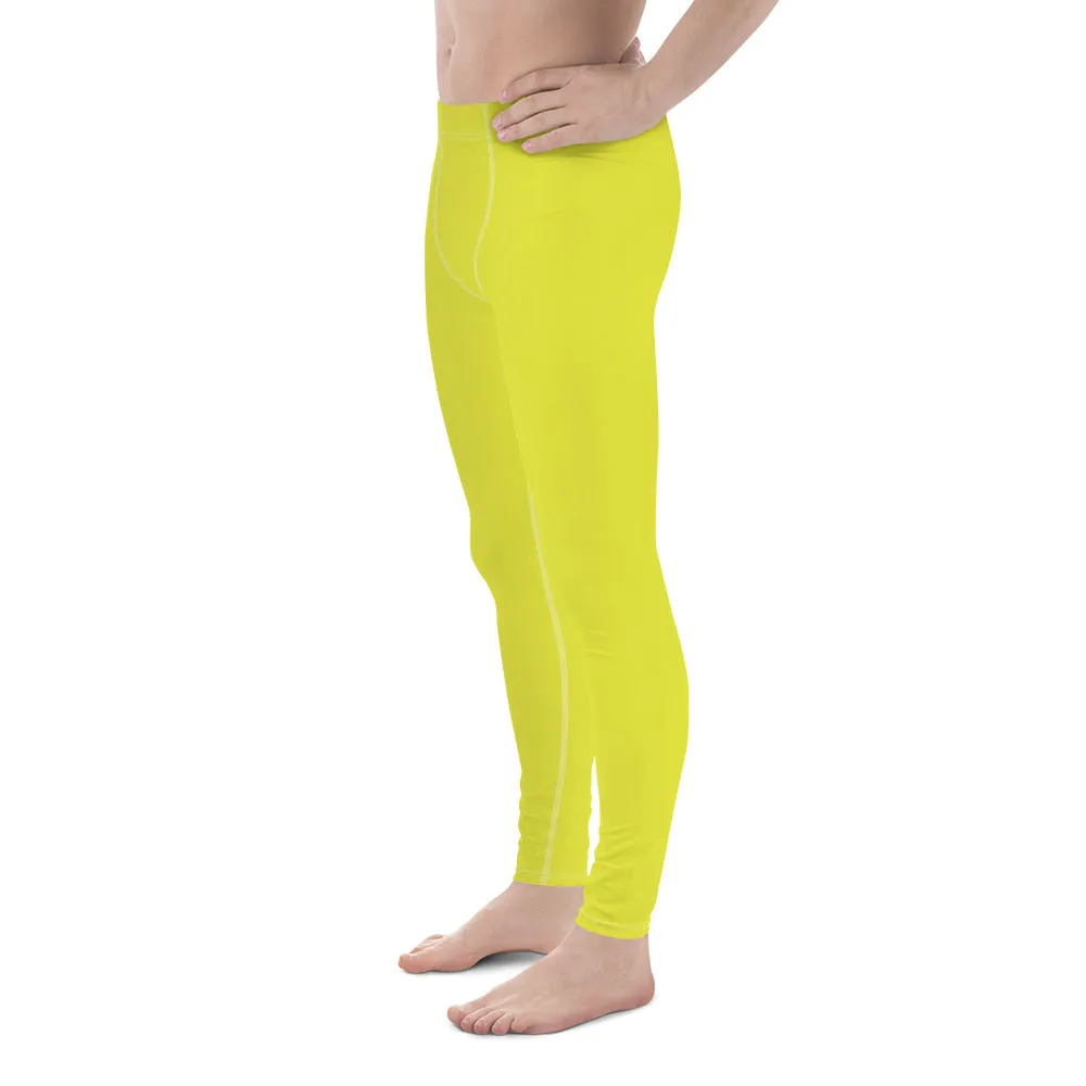 Yellow Solid Color Men's Leggings, Solid Lemon Bright Yellow Color Men's Tights Compression Pants - Made in USA/EU/MX