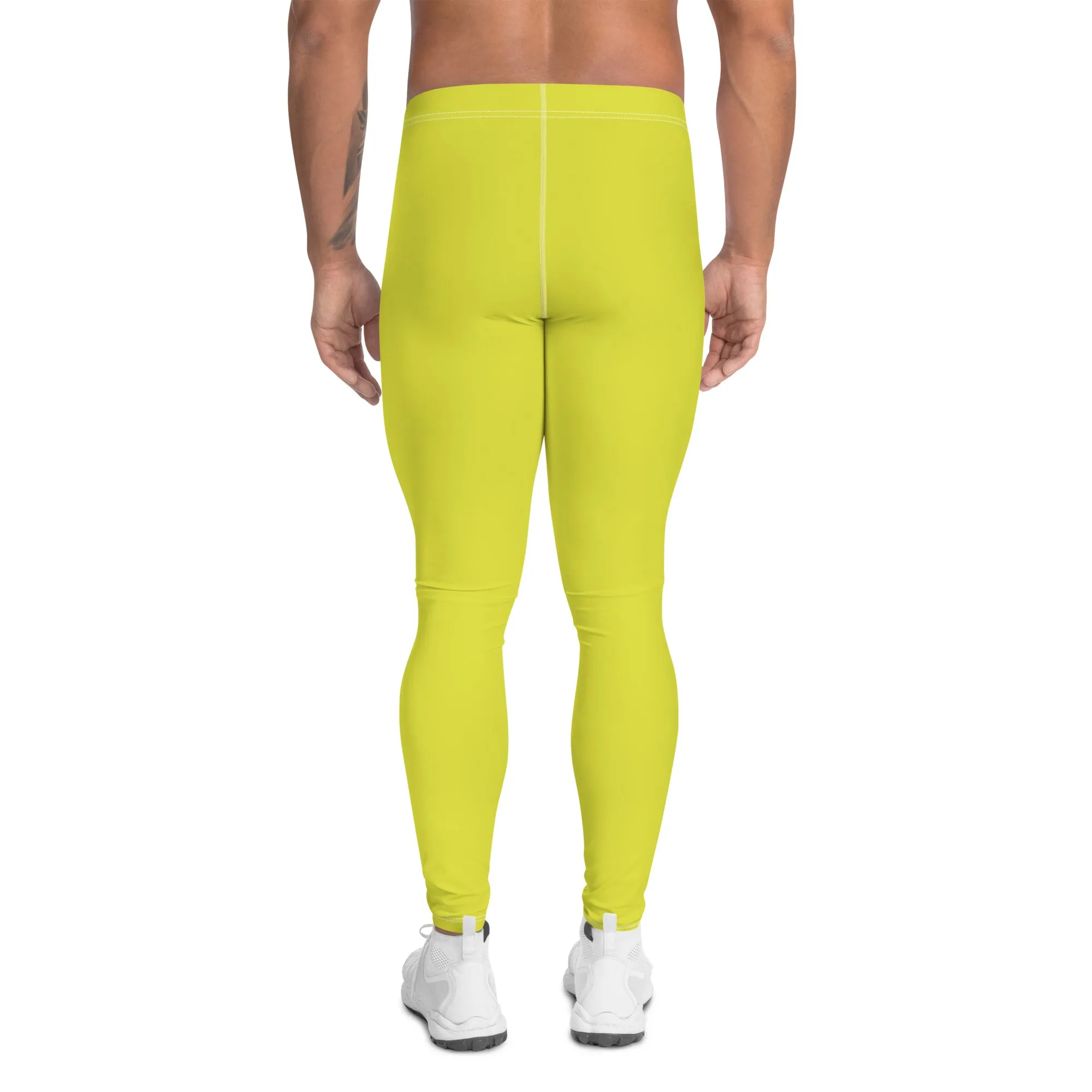 Yellow Solid Color Men's Leggings, Solid Lemon Bright Yellow Color Men's Tights Compression Pants - Made in USA/EU/MX