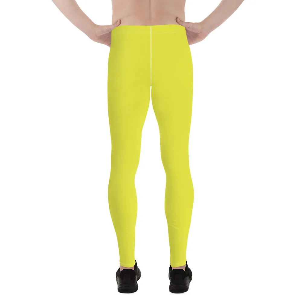 Yellow Solid Color Men's Leggings, Solid Lemon Bright Yellow Color Men's Tights Compression Pants - Made in USA/EU/MX