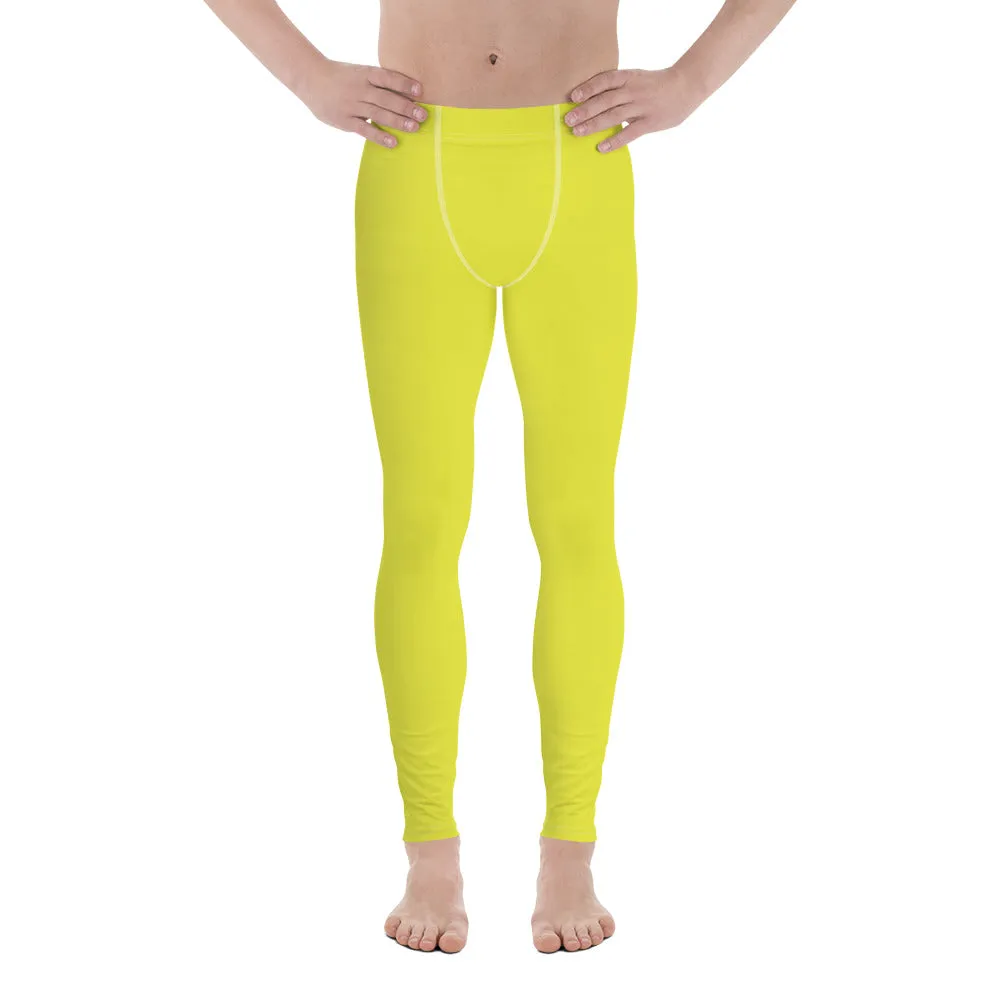 Yellow Solid Color Men's Leggings, Solid Lemon Bright Yellow Color Men's Tights Compression Pants - Made in USA/EU/MX