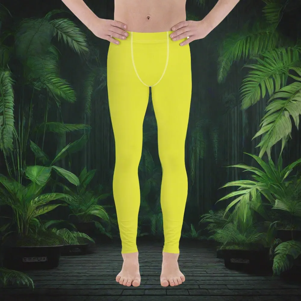 Yellow Solid Color Men's Leggings, Solid Lemon Bright Yellow Color Men's Tights Compression Pants - Made in USA/EU/MX