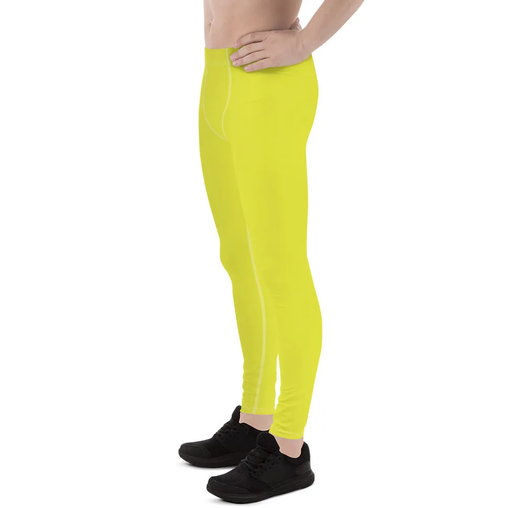 Yellow Solid Color Men's Leggings, Solid Lemon Bright Yellow Color Men's Tights Compression Pants - Made in USA/EU/MX