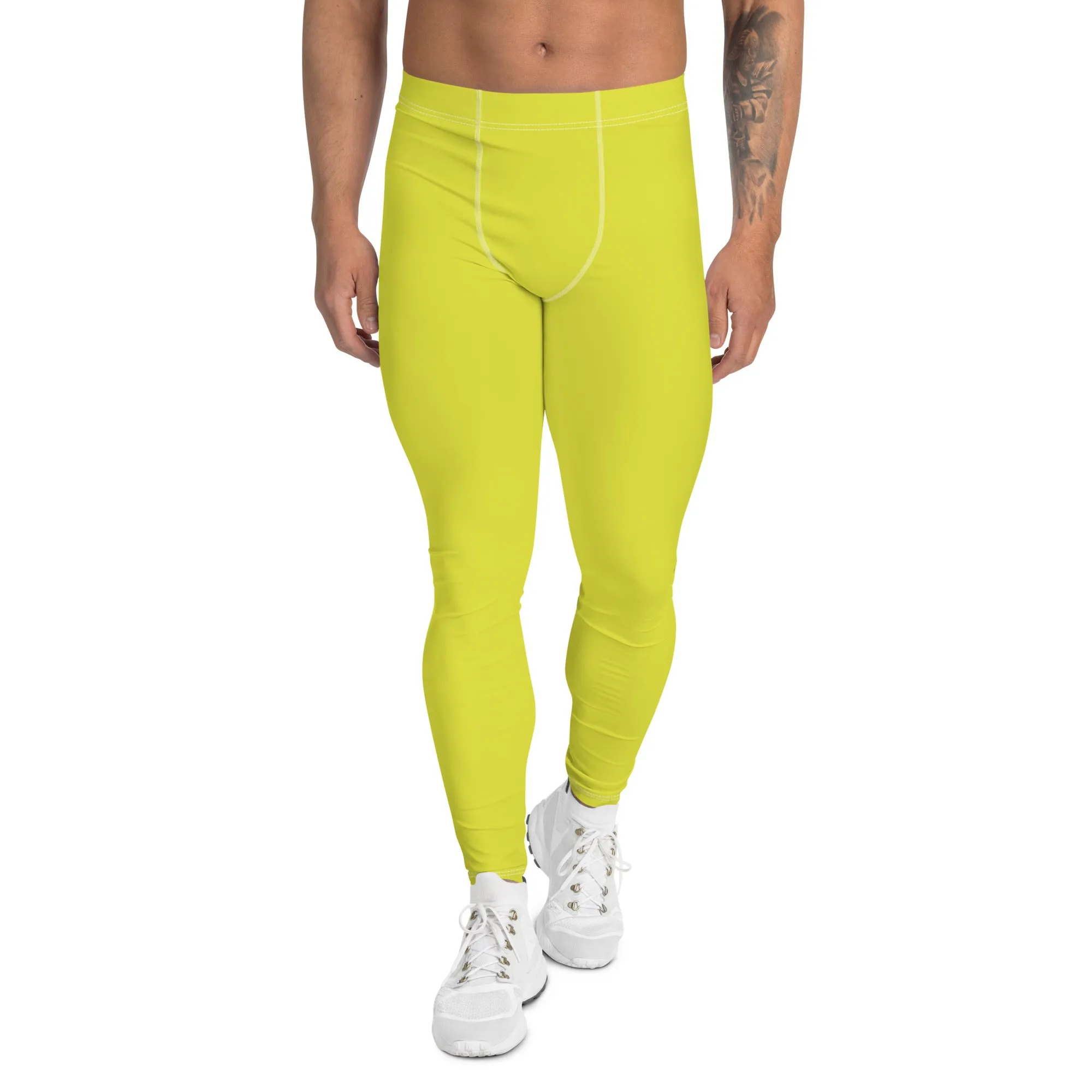 Yellow Solid Color Men's Leggings, Solid Lemon Bright Yellow Color Men's Tights Compression Pants - Made in USA/EU/MX